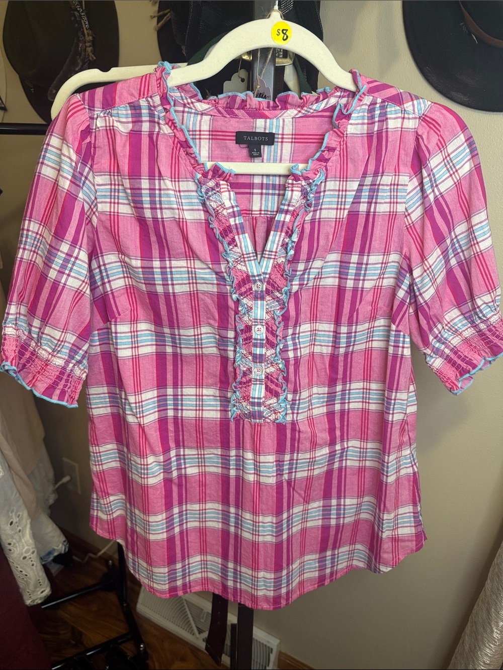 Talbots Pink Plaid Ruffle-Trim Peasant Blouse